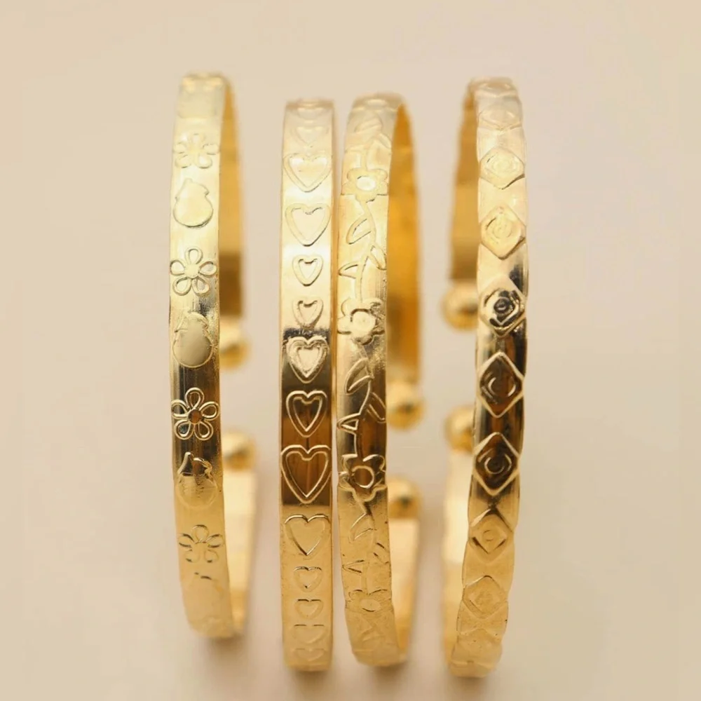 4 Piece Gold Heart Textured Layered Stacked Bangle Set